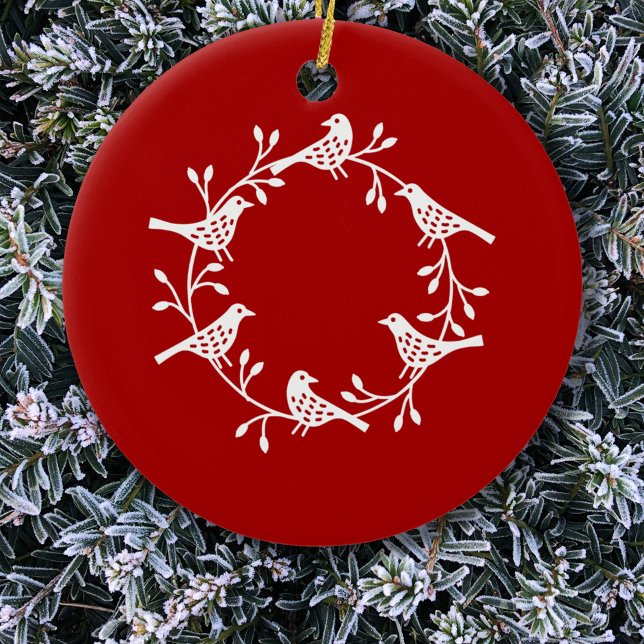 Adorno De Cerámica Bird Wreath White Red (Scandinavian bird wreath white on red Christmas ornament)