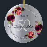 Adorno De Cerámica Birthday silver florals geometric monogram<br><div class="desc">A 50th (or any age) birthday ornament with templates for a name, date, and age 50. Trendy bohemian boho style. Decorated with watercolored roses in burgundy and pink. Glamorous, shiny faux silver metallic looking background on both front and back. A faux silver geometric frame. Perfect both as a birthday gift,...</div>