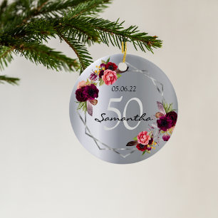 Adorno De Cerámica Birthday silver florals geometric monogram