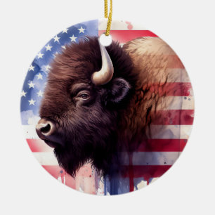 Adorno De Cerámica Bison con la bandera de los Estados Unidos de Amér