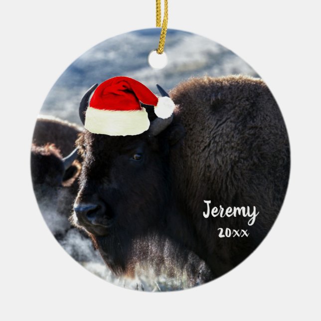 Adorno De Cerámica Bison estadounidense en Santa Hat (Frente)