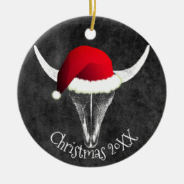 Adorno De Cerámica Bison Skull con Navidades de Santa Hat Ceramic Orn