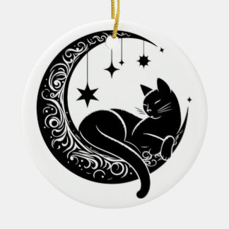 Adorno De Cerámica Black and White Cat Moon Window Suncatcher