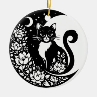 Adorno De Cerámica Black and White Cat Moon Window Suncatcher