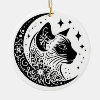 Adorno De Cerámica Black and White Cat Moon Window Suncatcher