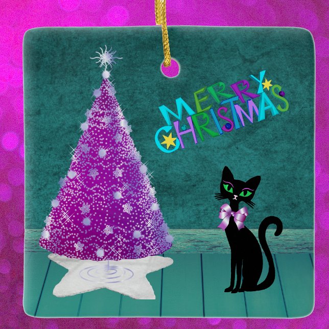Adorno De Cerámica  Black Cat Bow by Pink Tree Teal Merry Christmas (Pink tree silver stars black cat festive colourful Merry Christmas letters in teal room on ornament.)