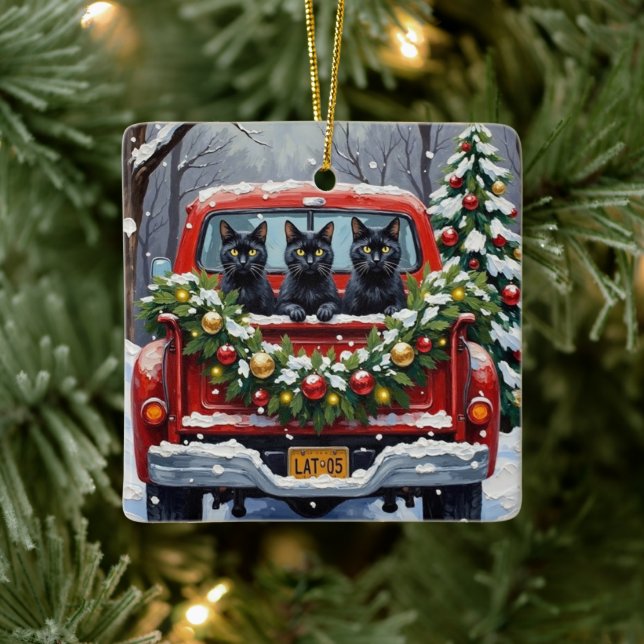 Adorno De Cerámica Black Cat Christmas Red Truck Holiday (Árbol)