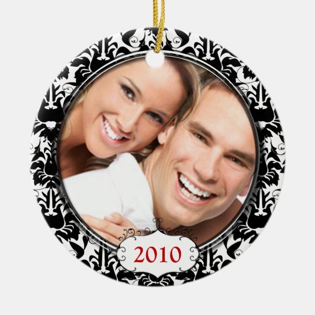 Adorno De Cerámica Black Damask Your Photo Christmas Ornamate (Frente)