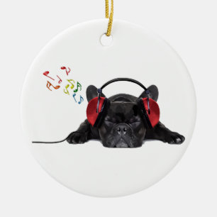 Adorno De Cerámica Black French Bulldog Grooving to His Tunes