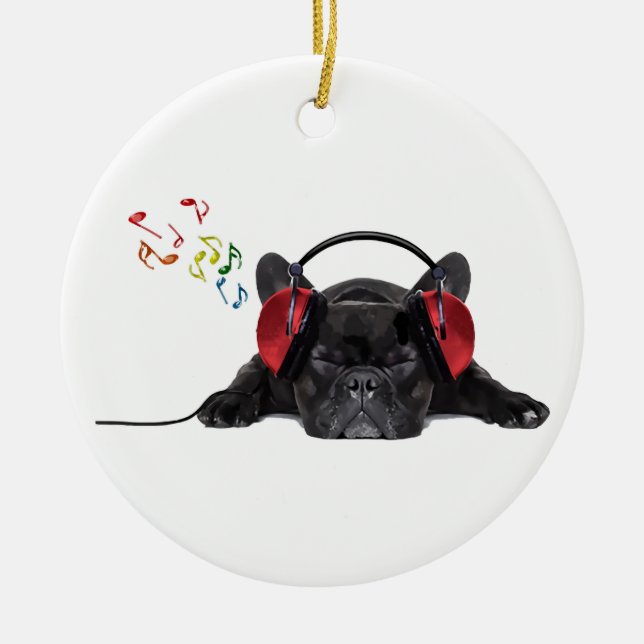 Adorno De Cerámica Black French Bulldog Grooving to His Tunes (Frente)