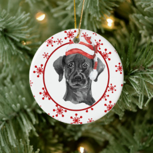 Adorno De Cerámica Black Lab Santa Hat Red Snowflake