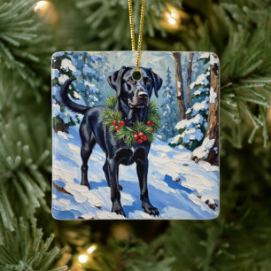 Adorno De Cerámica Black Lab Sereno Bosque Invernal Navidad