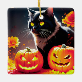 Adorno De Cerámica Black Magic Cat con calabazas
