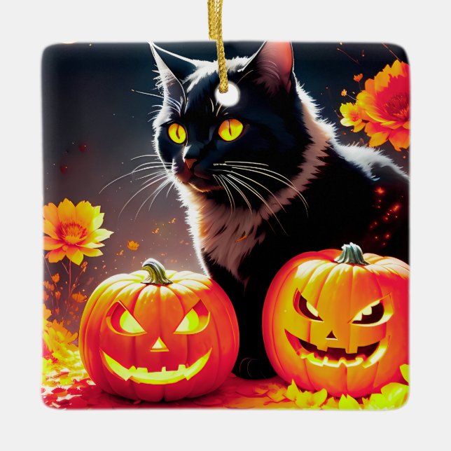 Adorno De Cerámica Black Magic Cat con calabazas (Anverso)