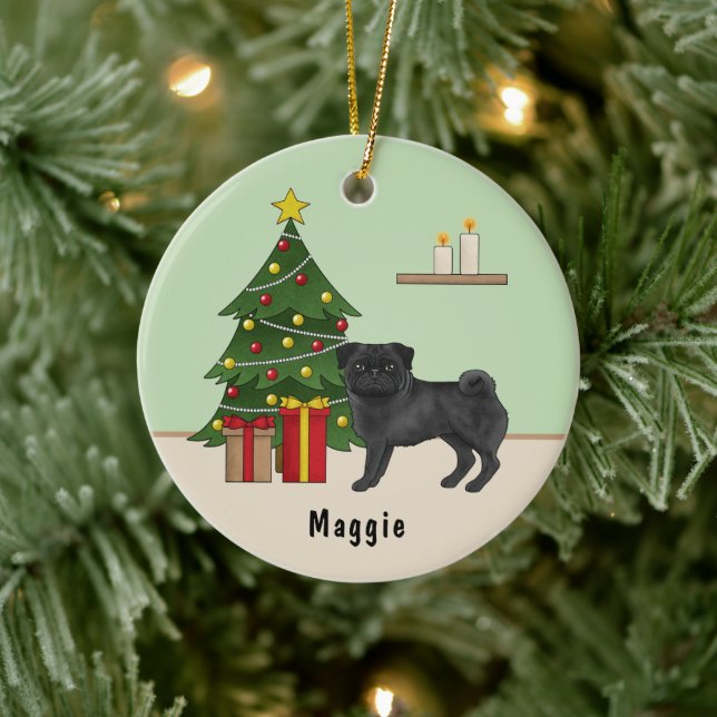 Adorno De Cerámica Black Pug Cute Cartog Dog Con Un Árbol De Navidad (Árbol)