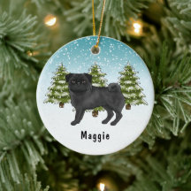 Black Pug Cute Cartoon Dog Snowley Winter Forest