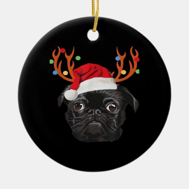 Adorno De Cerámica Black Pug Santa Christmas Reindeer Christmas Light (Frente)