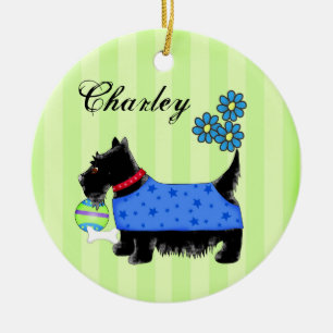 Adorno De Cerámica Black Scottie Terrier Dog Name Personalized Green