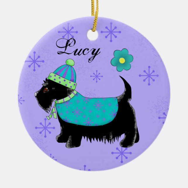 Adorno De Cerámica Black Scottie Terrier Dog Name Personalized Purple (Frente)