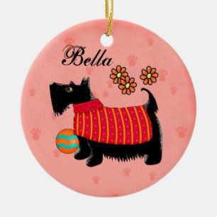 Adorno De Cerámica Black Scottie Terrier Dog Name Personalized Red