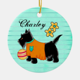 Adorno De Cerámica Black Scottie Terrier Dog Name Personalized Verde 