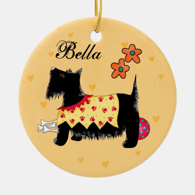 Adorno De Cerámica Black Scottie Terrier Dog Name Personalized Yellow (Frente)