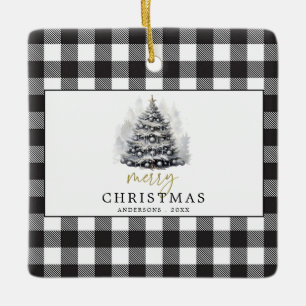 Adorno De Cerámica Black White Buffalo Check Plaid Merry Christmas