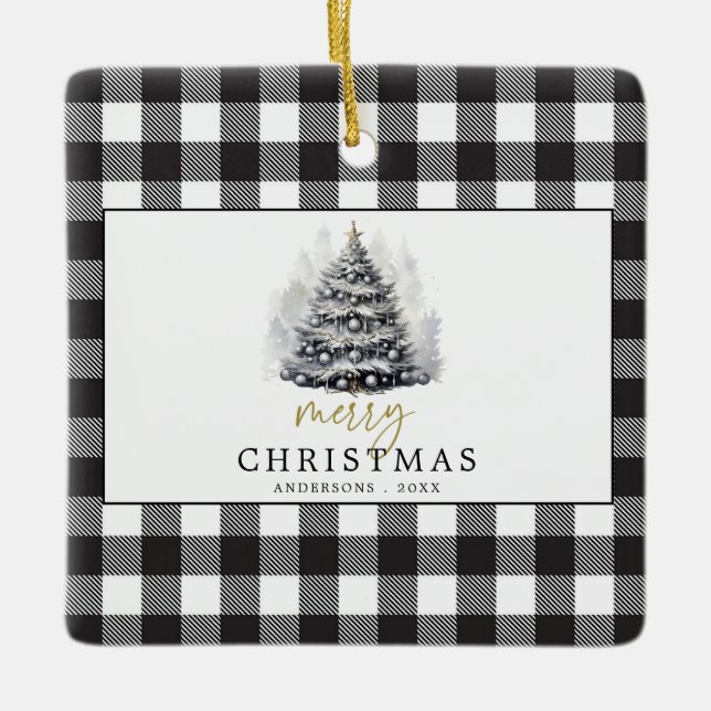 Adorno De Cerámica Black White Buffalo Check Plaid Merry Christmas (Anverso)
