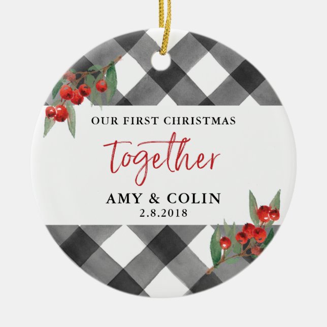 Adorno De Cerámica Black White Buffalo chequea la primera Navidad jun (Frente)