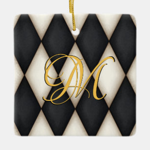 Adorno De Cerámica Black & White Herlequin Faux Antique Monogrammed 