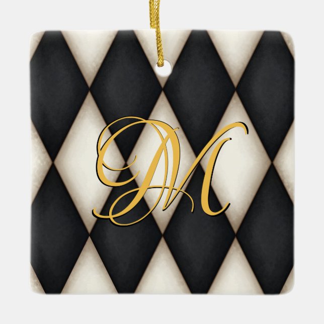 Adorno De Cerámica Black & White Herlequin Faux Antique Monogrammed  (Anverso)