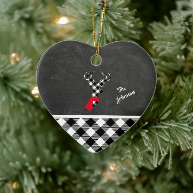 Adorno De Cerámica Black White Plaid Reindeer Chalkboard Personalized (Árbol)