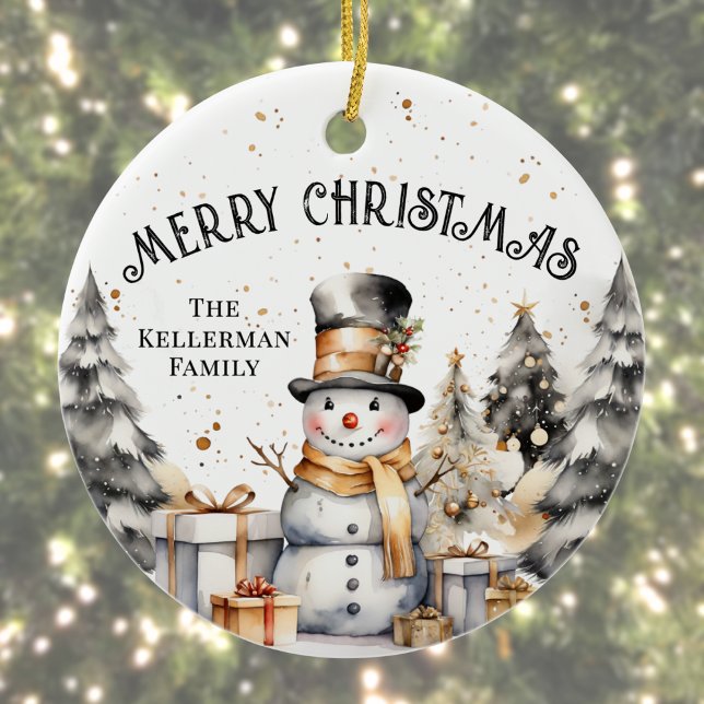 Adorno De Cerámica Black White Winter Merry Christmas (Black White Winter Snowman Merry Christmas Ceramic Ornament )