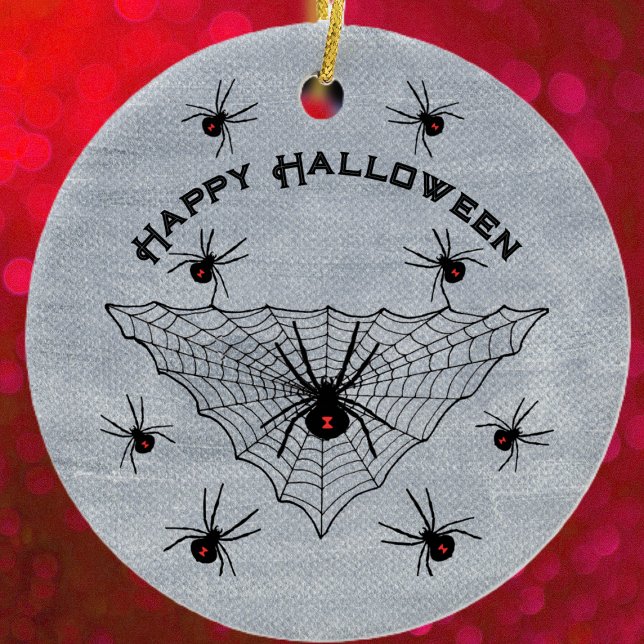 Adorno De Cerámica Black Widow Spiders Red Marks in Web White (Black widow spiders red marks in black triangular web on rustic white Halloween ceramic ornament.)
