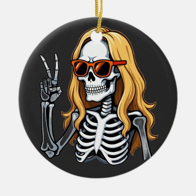 Adorno De Cerámica Blonde Hair Skeleton Giving Peace Sign  (Frente)
