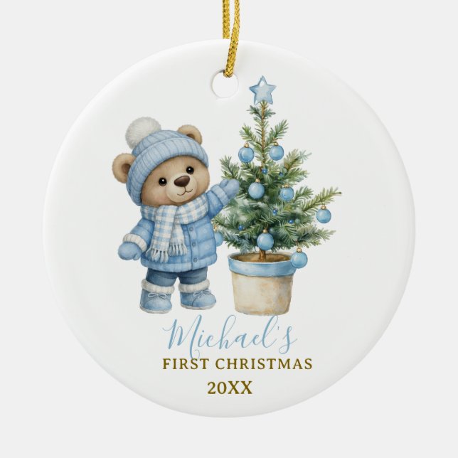 Adorno De Cerámica Blue Baby Bear First Christmas Keepsake (Frente)