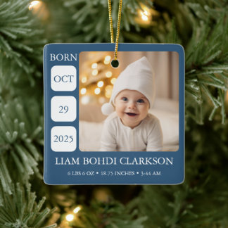 Adorno De Cerámica Blue Baby Boy Birth Stats Photo Ornament Keepsake