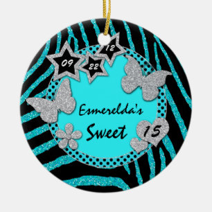 Adorno De Cerámica Blue Black Silver Zebra Sweet 15 Photo Ornament