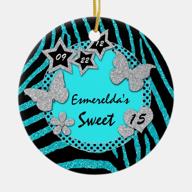 Adorno De Cerámica Blue Black Silver Zebra Sweet 15 Photo Ornament (Frente)