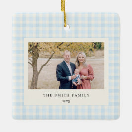 Adorno De Cerámica Blue Bow Wreath Gingham Photo Christmas