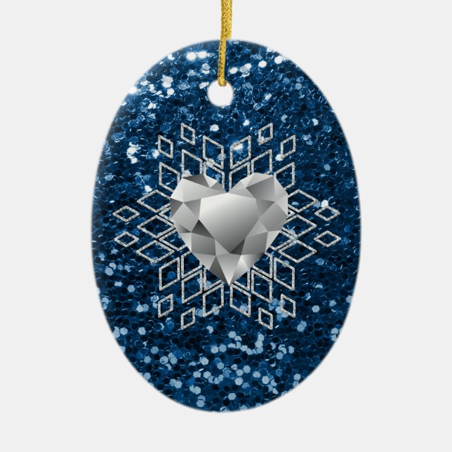 Adorno De Cerámica Blue Faux Purpurina Diamond Heart Snowflake (Frente)