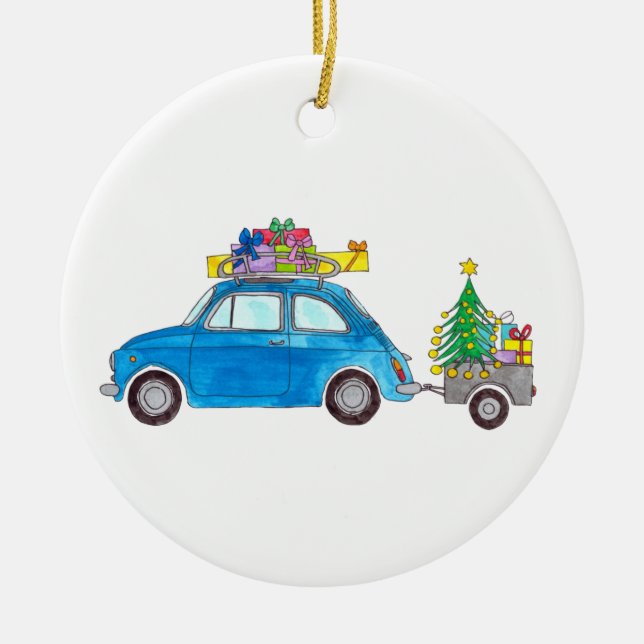 Adorno De Cerámica Blue Fiat 500 con Navidades Regalos acuarela (Frente)