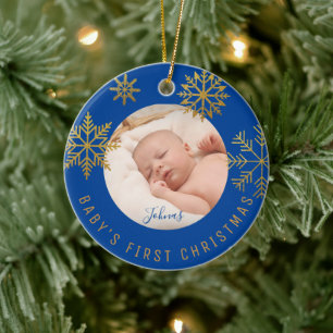 Adorno De Cerámica Blue Gold Babys Primer regalo de Navidad