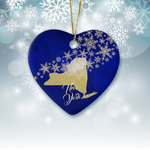 Adorno De Cerámica Blue Gold Snowflake New York Heart