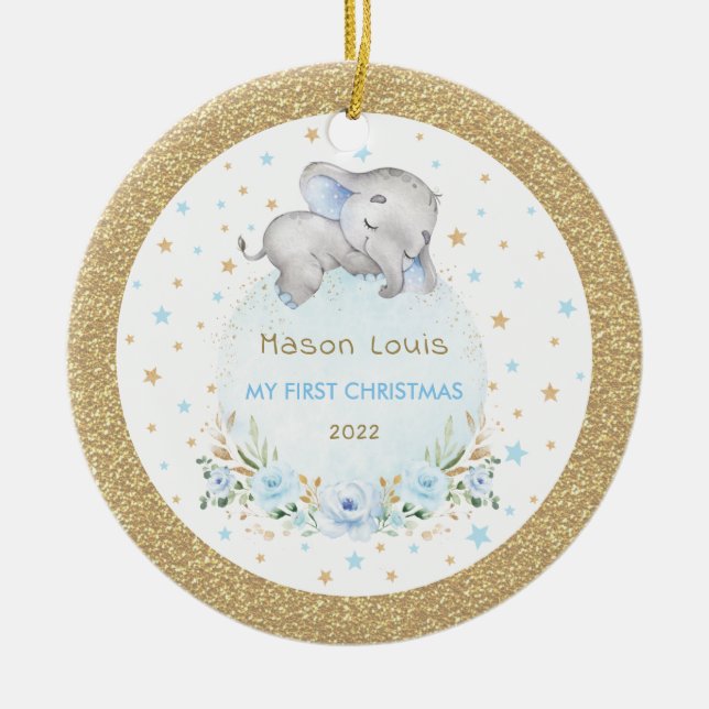 Adorno De Cerámica Blue Gold Stars Elephant Baby First Navidades (Frente)
