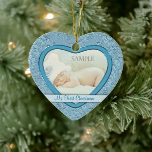 Adorno De Cerámica Blue Heart Swirl Baby First Christmas