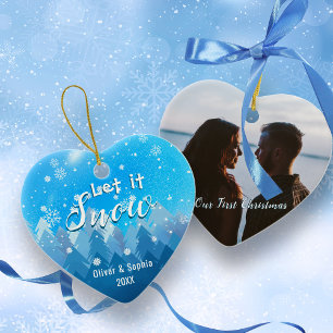 Adorno De Cerámica Blue Let it Snow First Christmas Photo