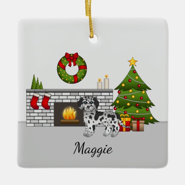 Adorno De Cerámica Blue Merle Mini Goldendoodle - Sala de Navidades (Anverso)