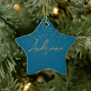 Adorno De Cerámica Blue Personalized Gold Name Purpurina Sparkle Dots