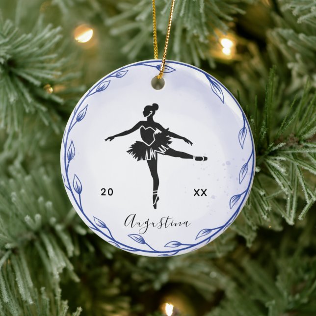 Adorno De Cerámica Blue Prima Ballerina Silhouette Name & Year Cute (Árbol)